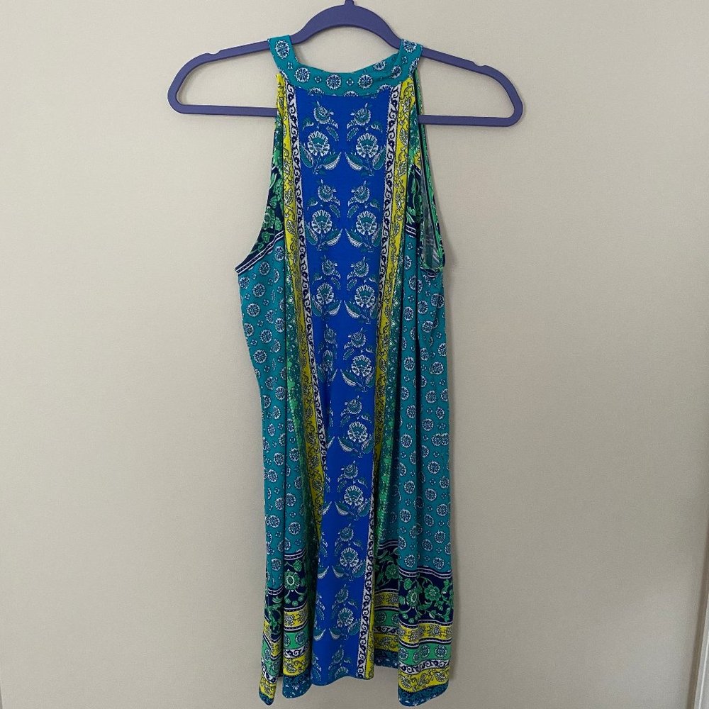 high neck blue paisley dress